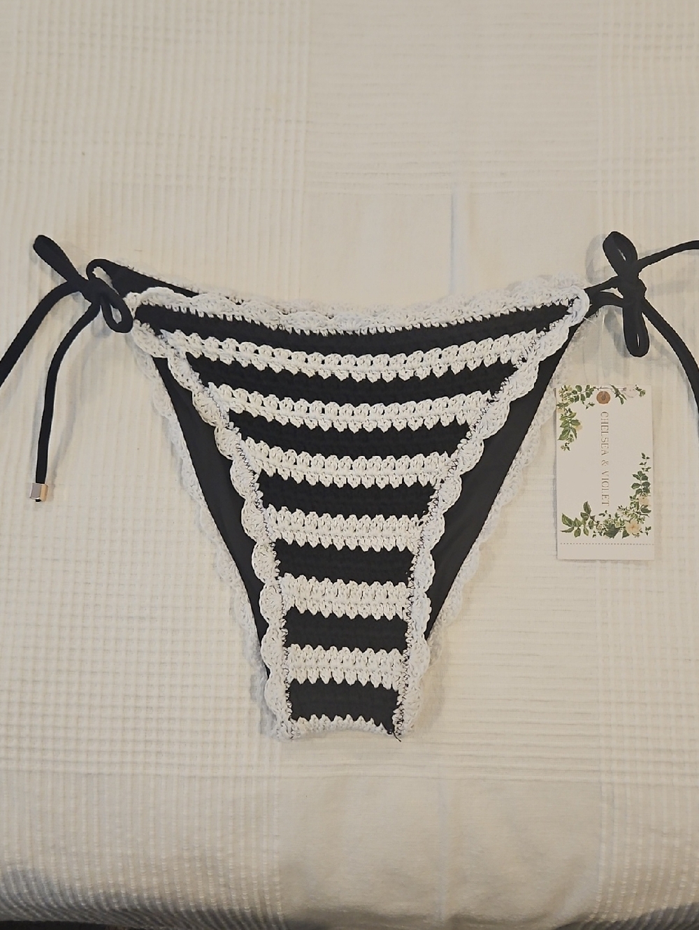 Chelsea & Violet Crochet Side Tie Swim Bottom: Color- Black/White Stripe: Large